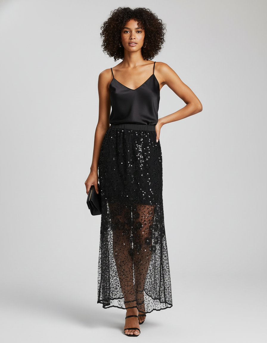 Jupe Paillette Noire Transparente Élégante