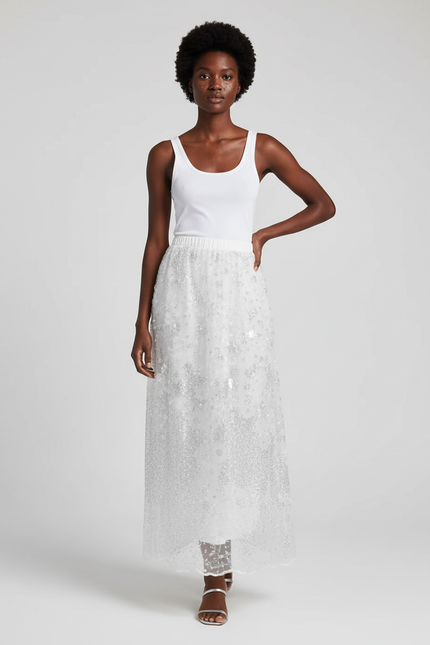 Jupe Paillette Blanche Brodée Fluide