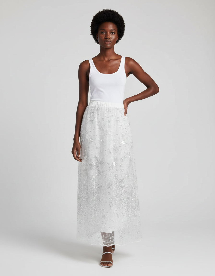 Jupe Paillette Blanche Brodée Fluide