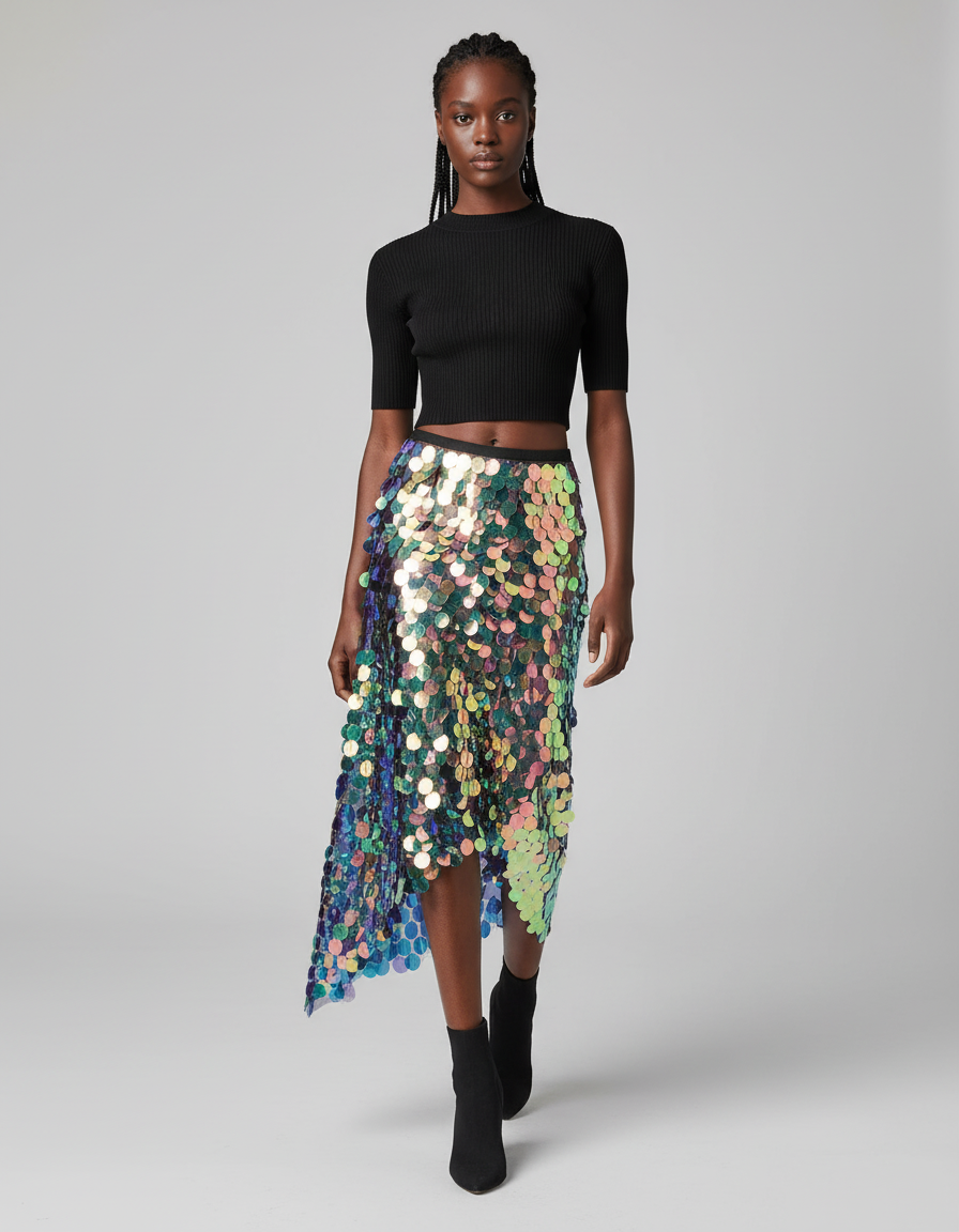 Jupe Paillette Irisée Asymétrique Chic
