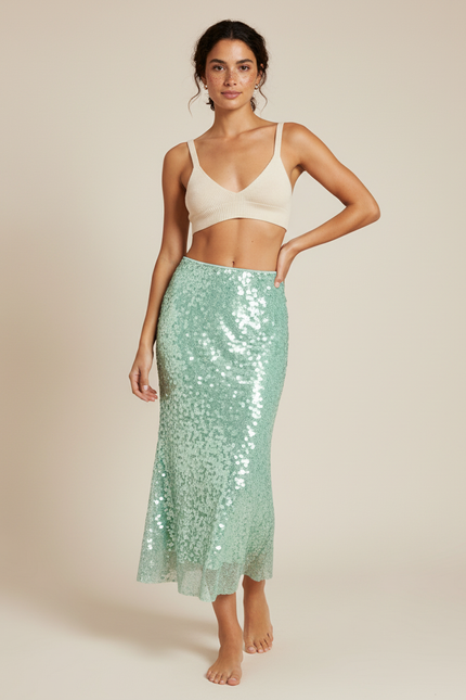 Jupe Paillette Vert Menthe Longue Fluide