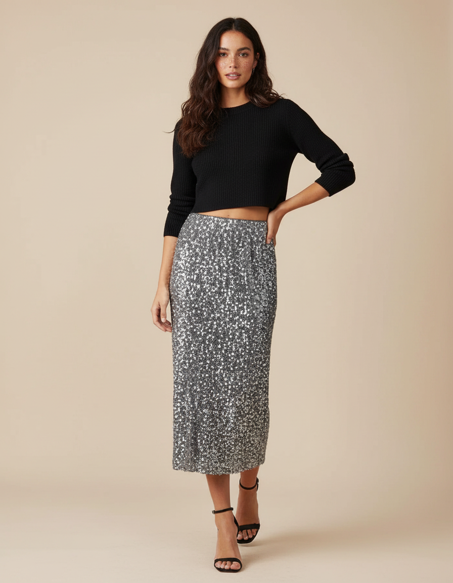 Jupe Paillette Argentée Droite Élégante