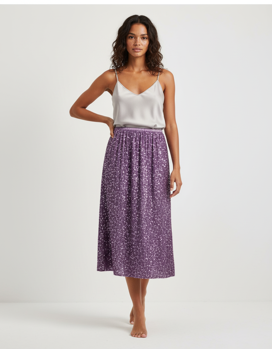 Jupe Paillette Violette Midi Chic