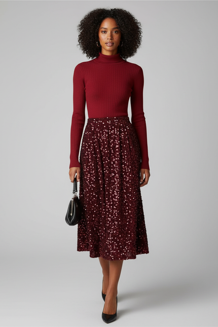 Jupe Paillette Bordeaux Évasée Élégante
