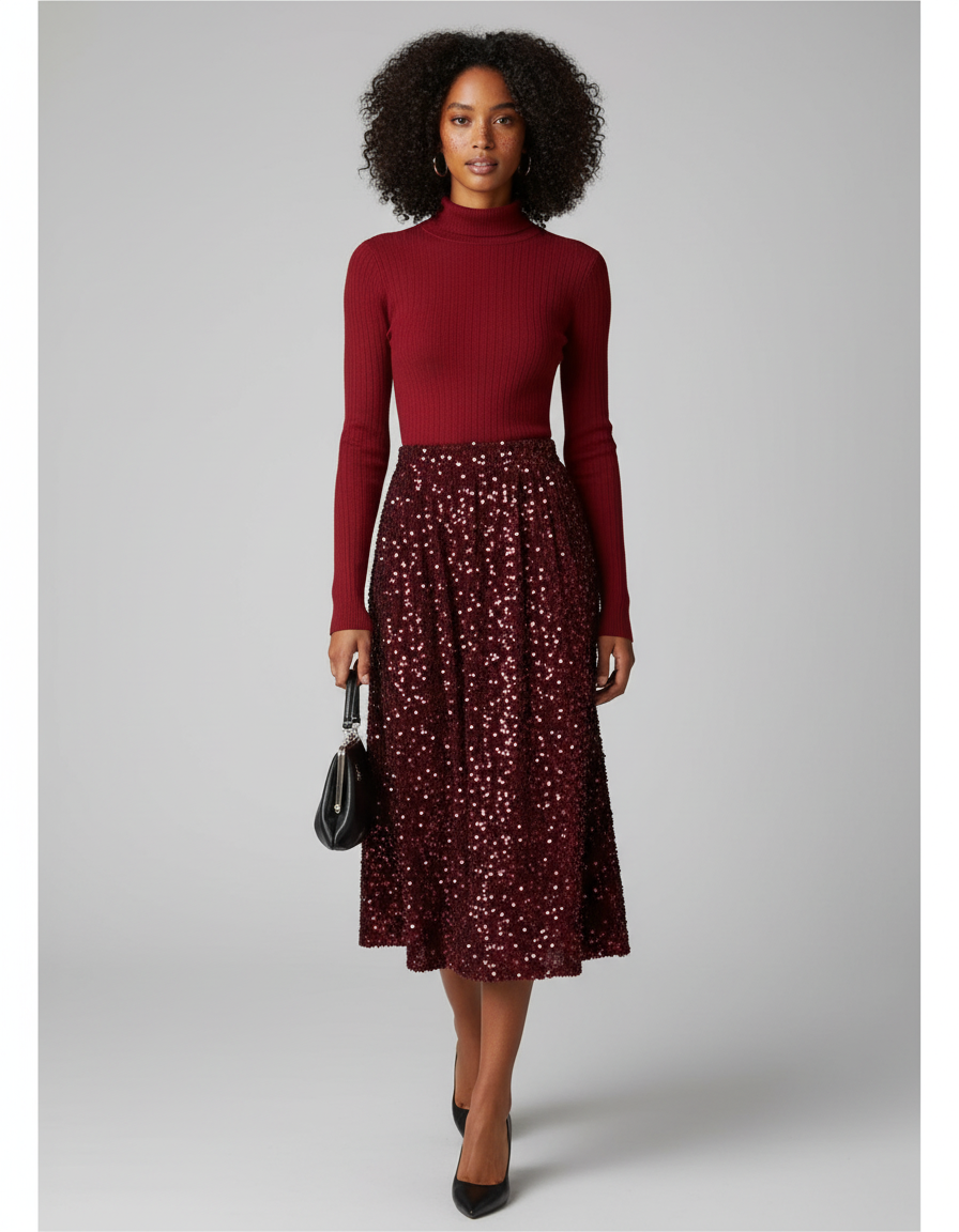 Jupe Paillette Bordeaux Évasée Élégante