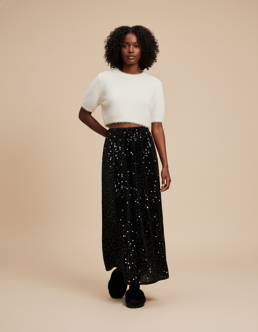 Jupe Paillette Noire Longue Chic