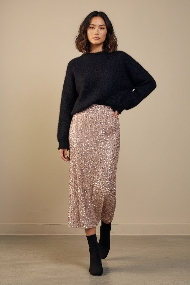 Jupe Paillette Rose Gold Midi Chic