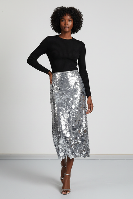 Jupe Paillette Argentée Patchwork Chic