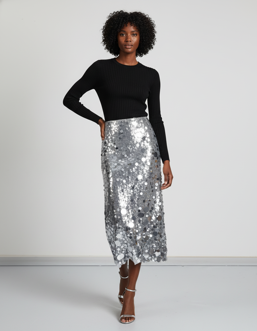 Jupe Paillette Argentée Patchwork Chic