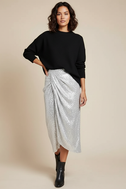 Jupe Paillette Argentée Drapée Élégante