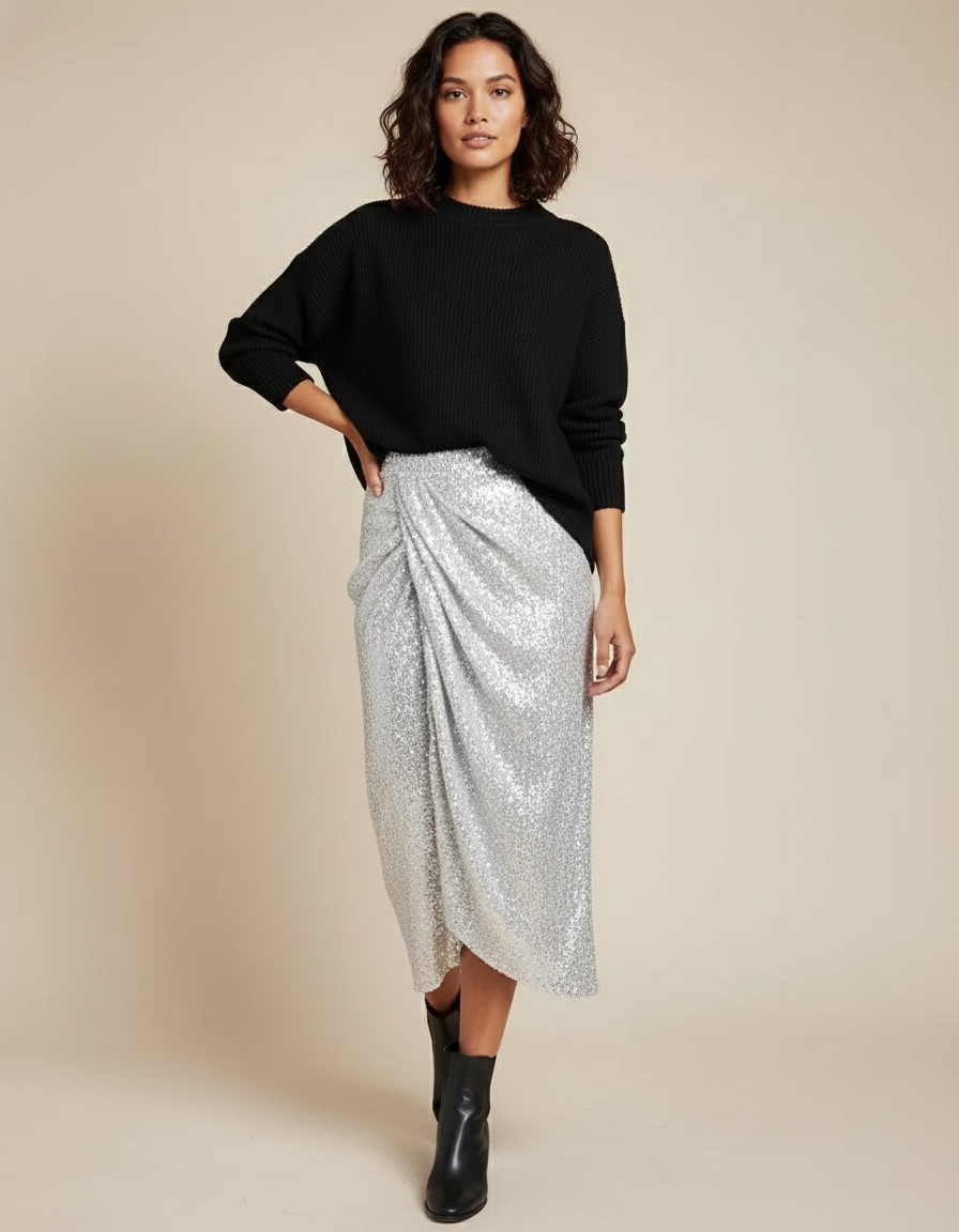 Jupe Paillette Argentée Drapée Élégante