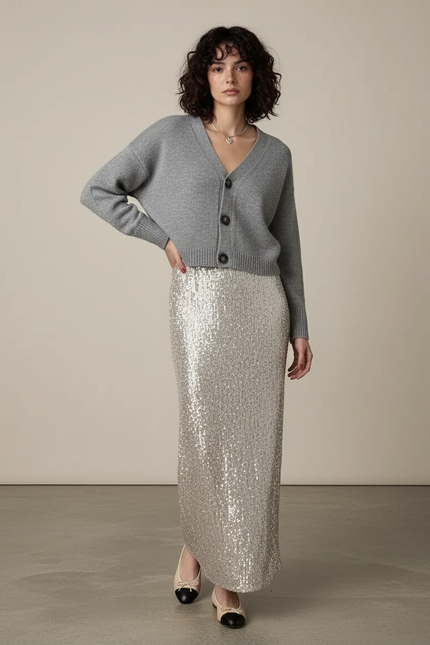 Jupe Paillette Argentée Longue Élégante