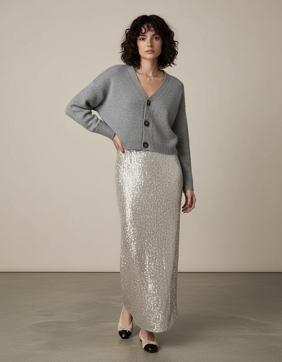 Jupe Paillette Argentée Longue Élégante