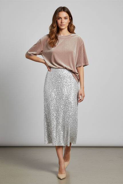 Jupe Paillette Midi Argentée Chic
