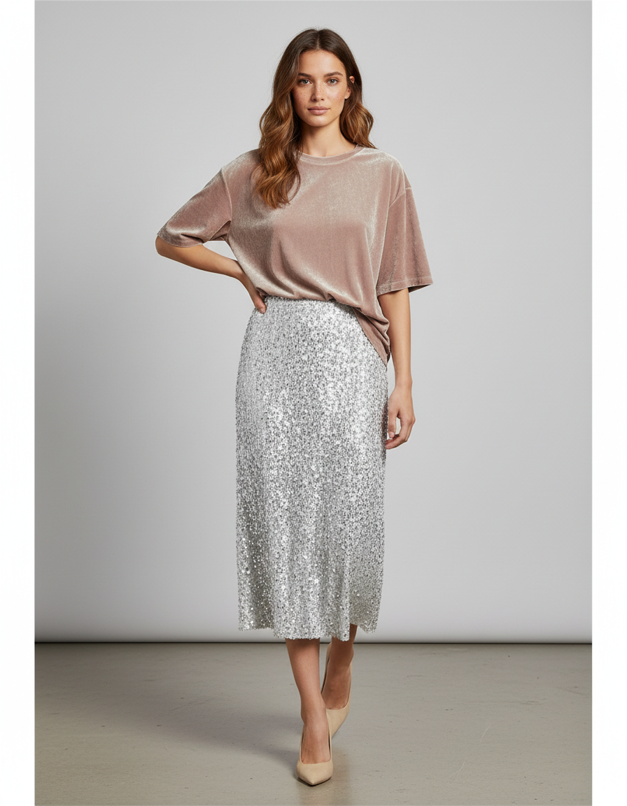 Jupe Paillette Midi Argentée Chic