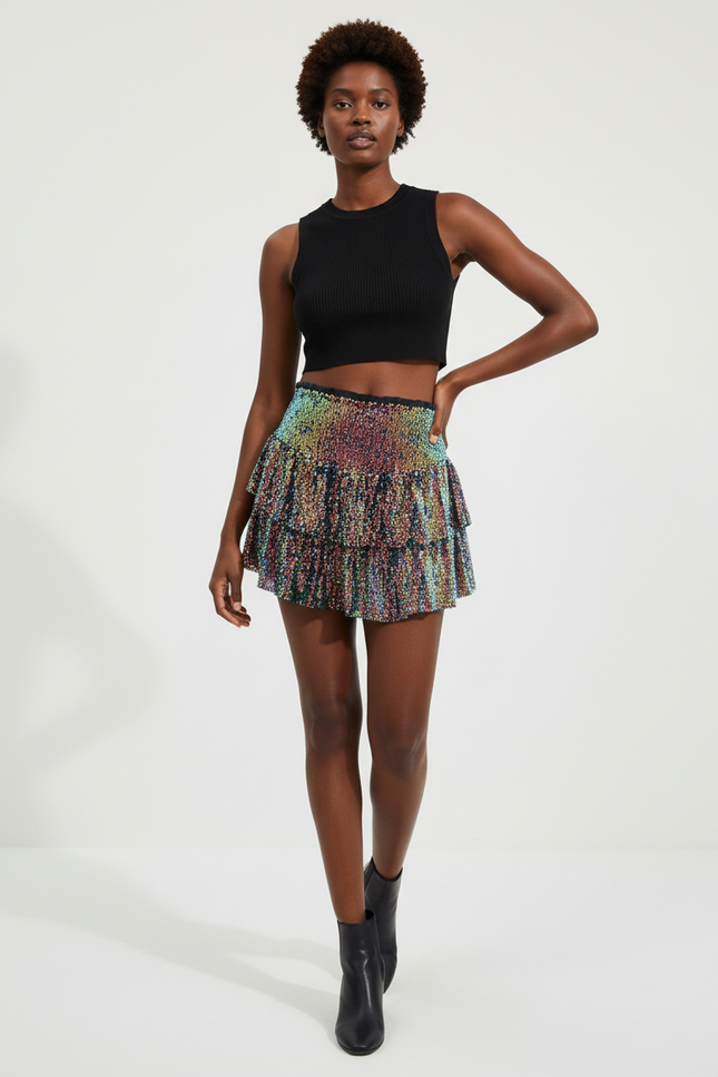 Jupe Paillette Multicolore Volants Chic