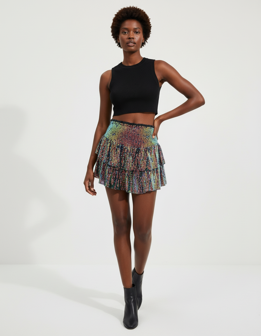 Jupe Paillette Multicolore Volants Chic
