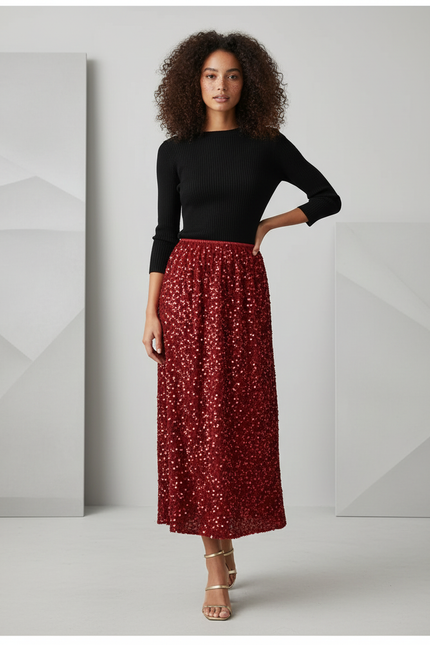Jupe Paillette Rouge Midi Chic