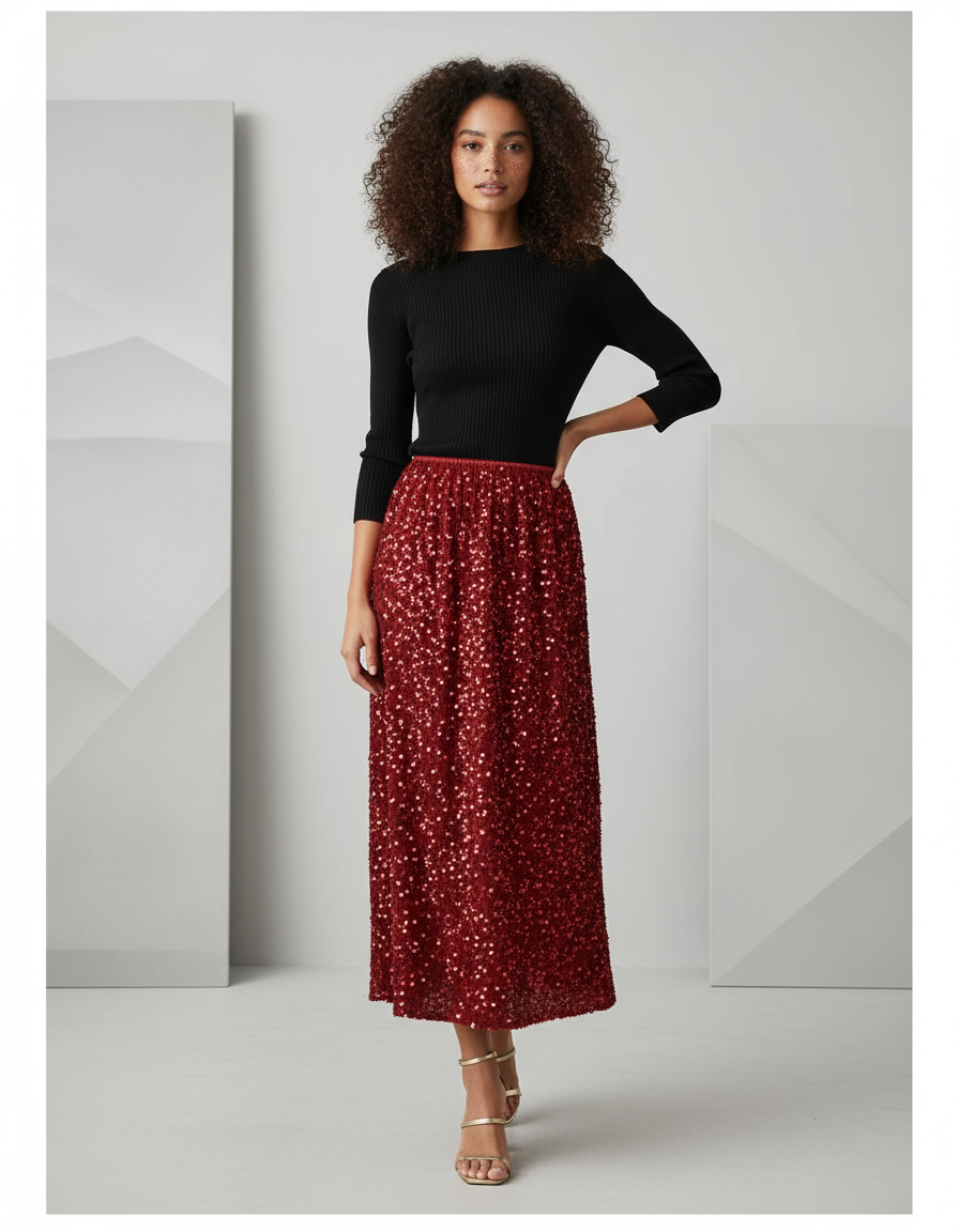 Jupe Paillette Rouge Midi Chic