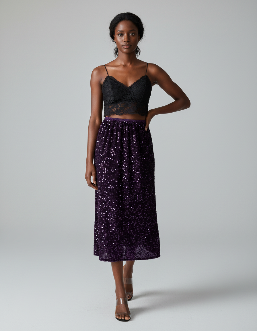 Jupe Paillette Violette Midi Chic