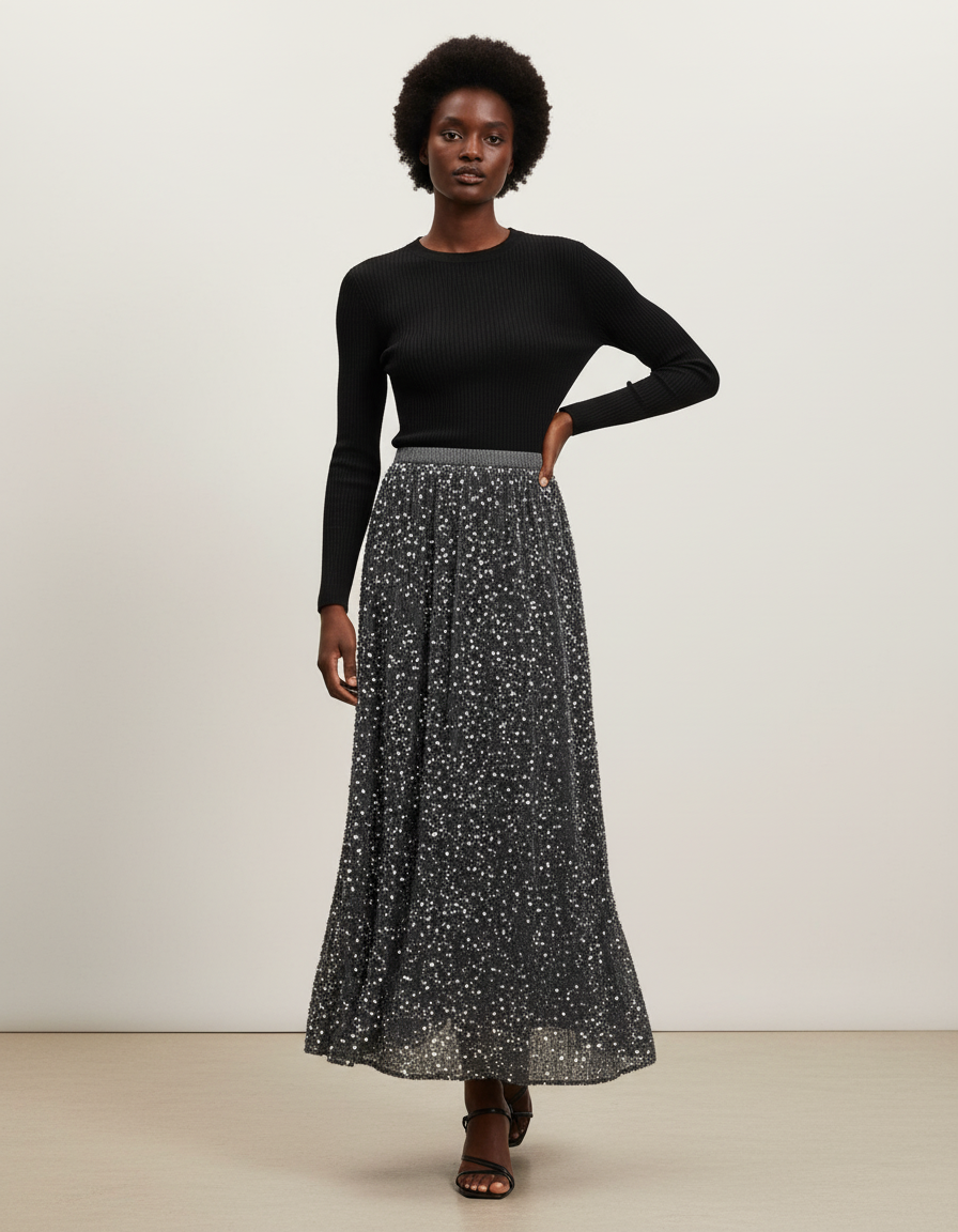 Jupe Paillette Plissée Mi-Longue Élégante