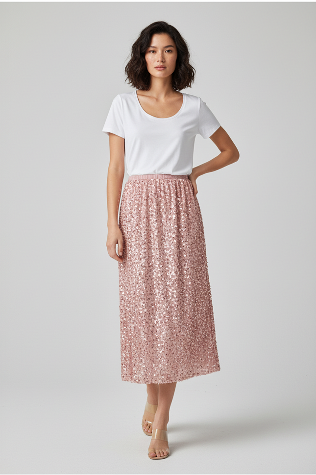 Jupe Paillette Rose Midi Chic