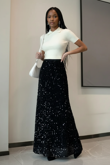 Jupe Paillette Noire Longue Élégante