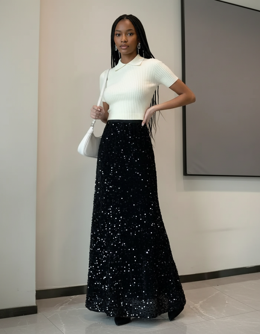 Jupe Paillette Noire Longue Élégante
