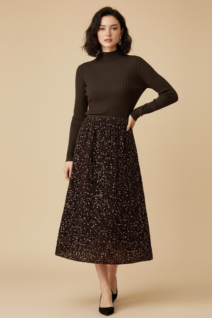 Jupe Paillette Évasée Midi Chic