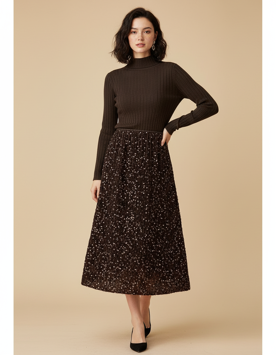 Jupe Paillette Évasée Midi Chic