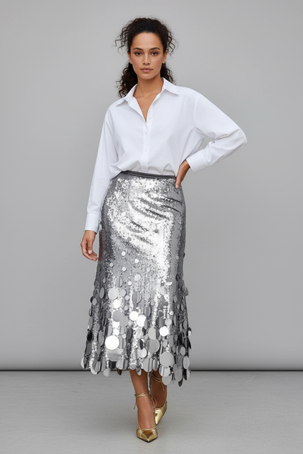 Jupe Paillette Argentée À Disques Chic