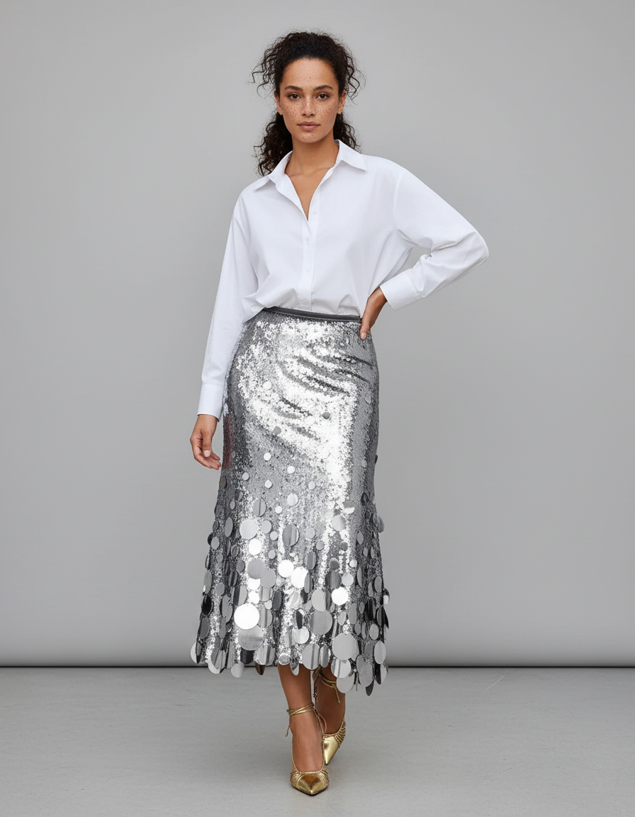 Jupe Paillette Argentée À Disques Chic