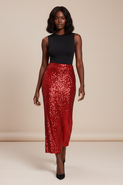 Jupe Paillette Rouge Longue Chic