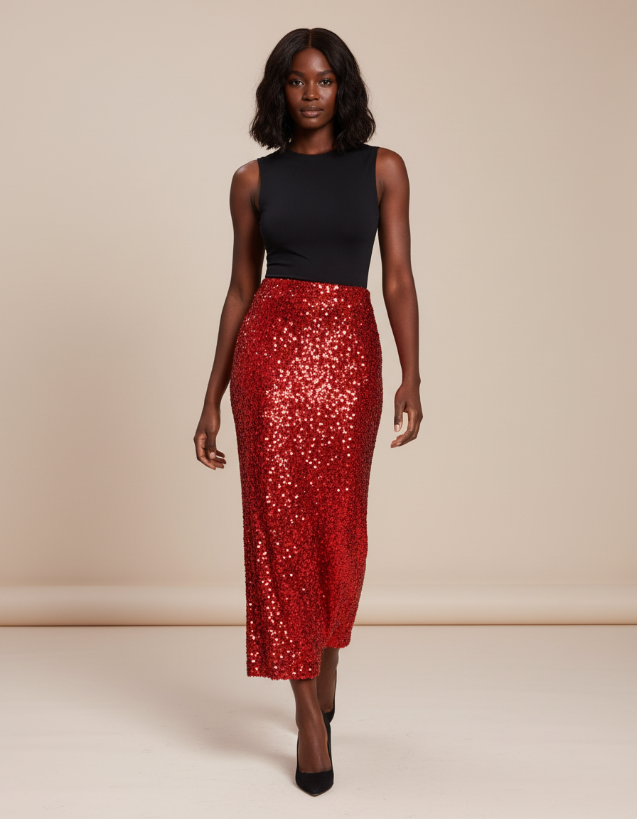 Jupe Paillette Rouge Longue Chic