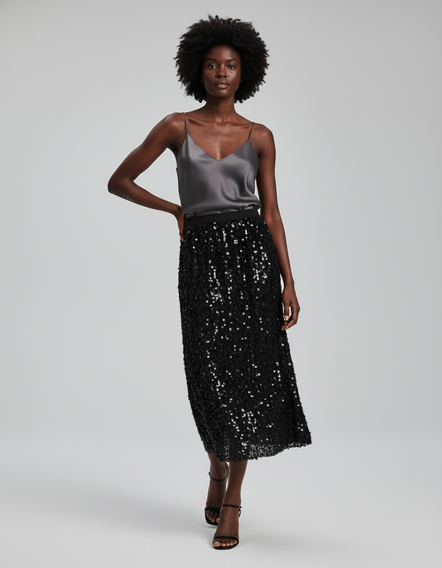 Jupe Paillette Noire Droite Élégante