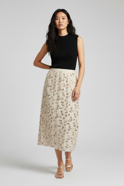 Jupe Paillette Beige Frangée Élégante