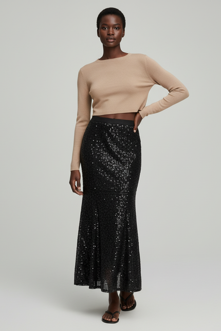 Jupe Paillette Noire Longue Élégante