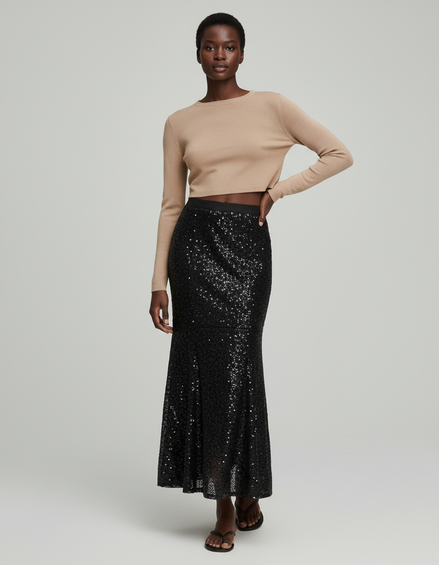 Jupe Paillette Noire Longue Élégante
