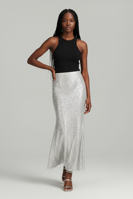 Jupe Paillette Argentée Longue Élégante