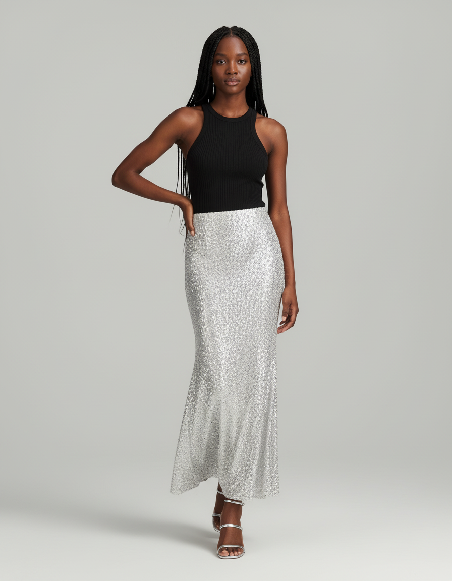 Jupe Paillette Argentée Longue Élégante