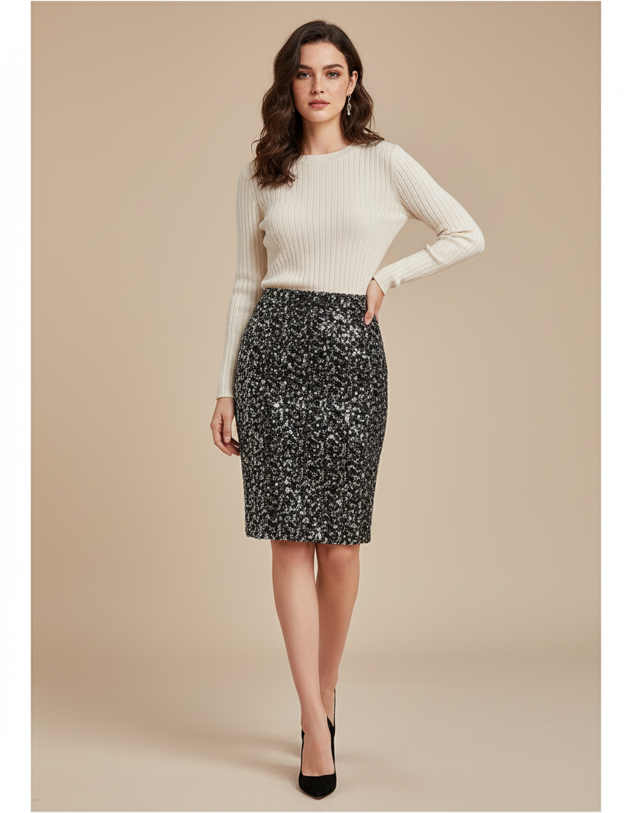 Jupe Paillette Noir Argenté Moulante Chic