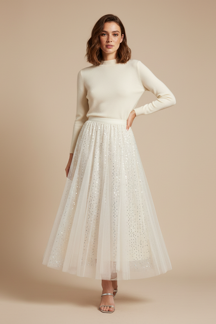Jupe Paillette Tulle Crème Plissée