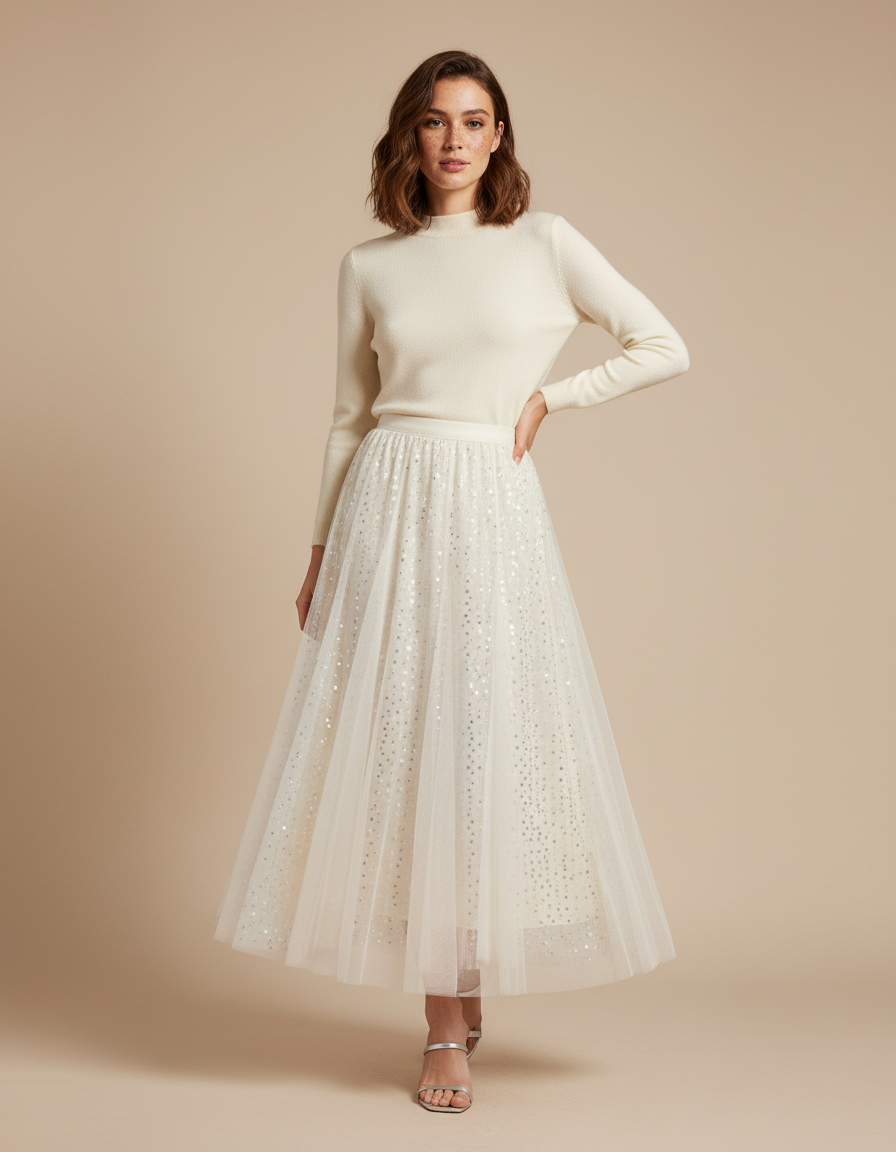 Jupe Paillette Tulle Crème Plissée