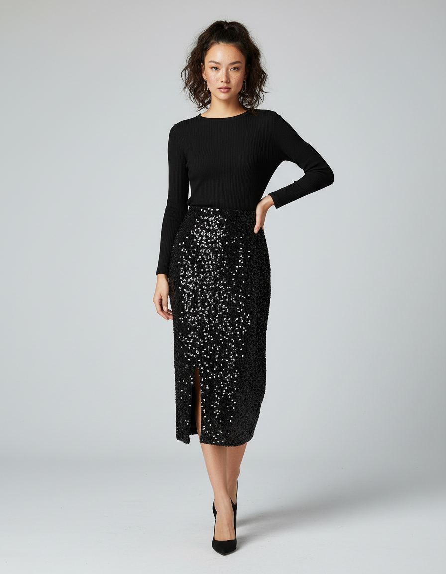 Jupe Paillette Crayon Fendue Élégante