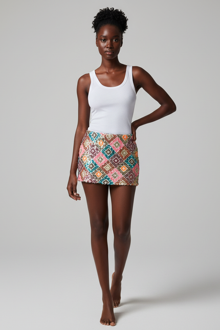 Jupe Paillette Mini Motif Multicolore Chic