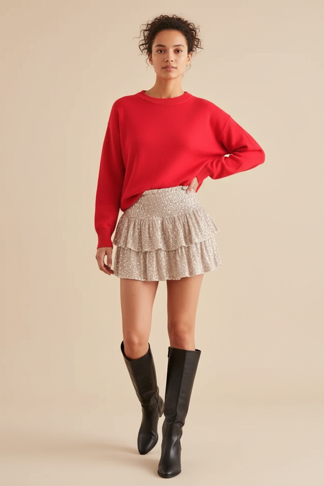 Jupe Paillette Dorée À Volants Sexy