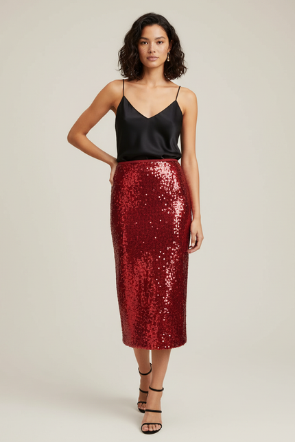 Jupe Paillette Rouge Droite Chic