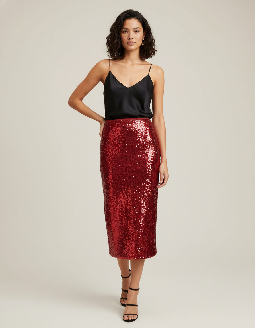 Jupe Paillette Rouge Droite Chic