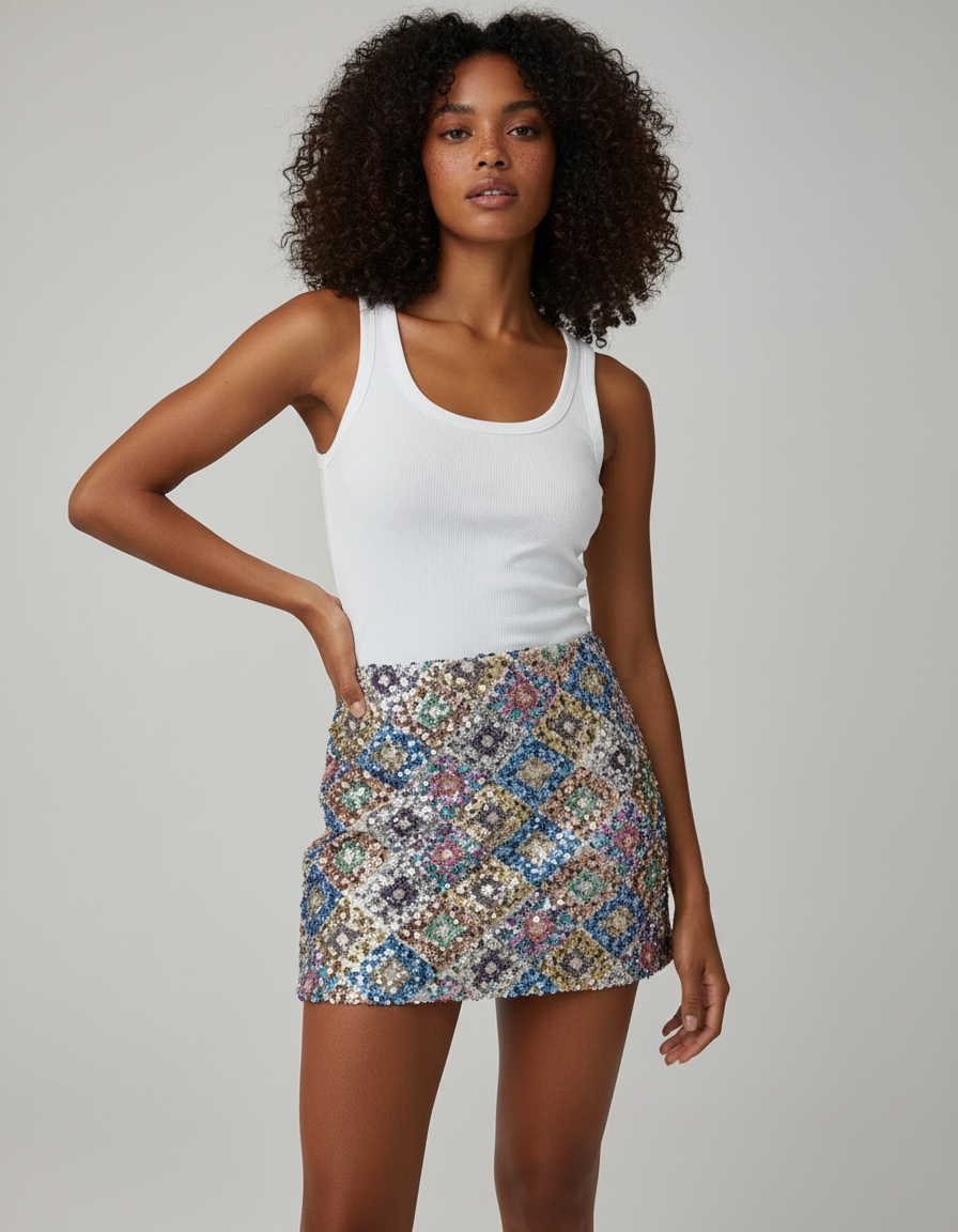 Jupe Paillette Multicolore Motif Géométrique Chic