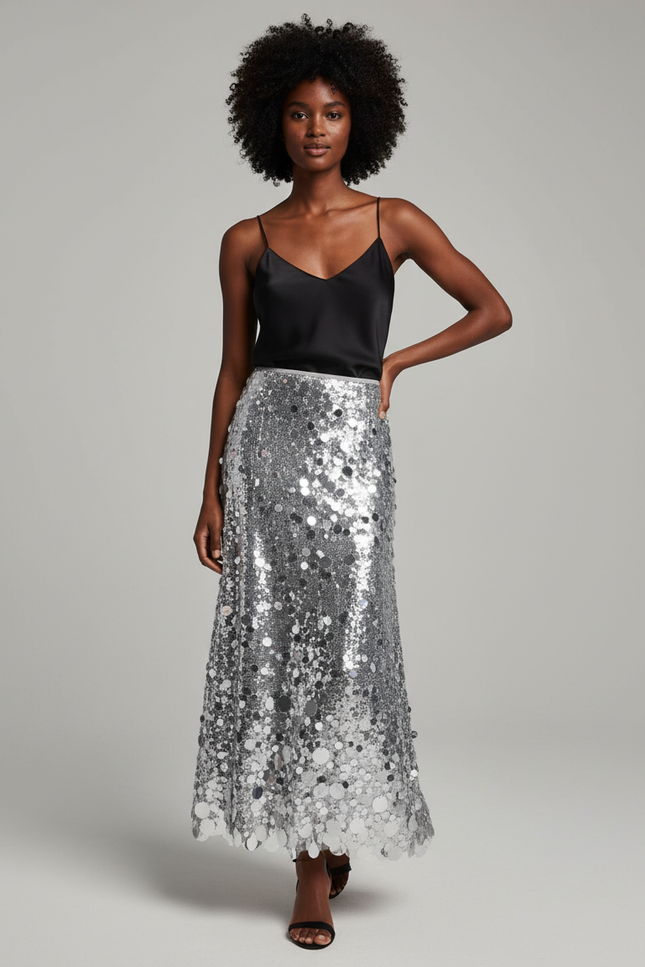 Jupe Paillette Argentée Longue Élégante